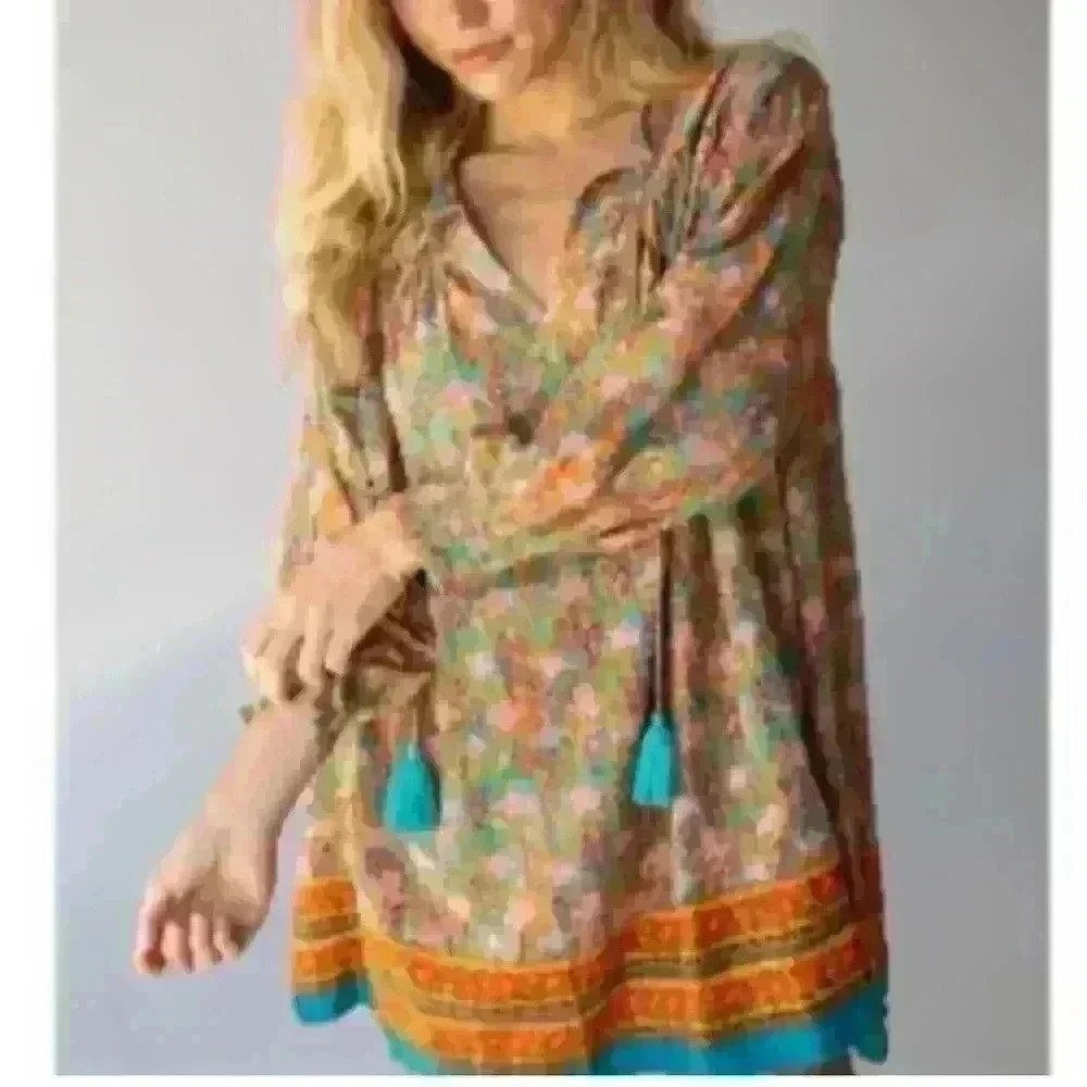 Natural Life V Neck Long Sleeve Mini Dress or Blouse size Medium